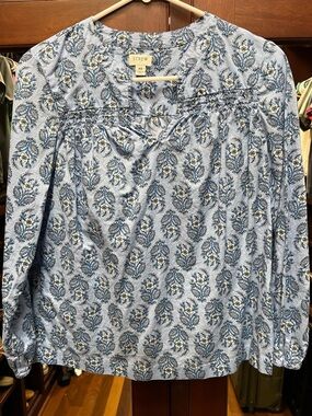 J. Crew XS Light Blue Floral Smocked Yoke Long Sleeve Top